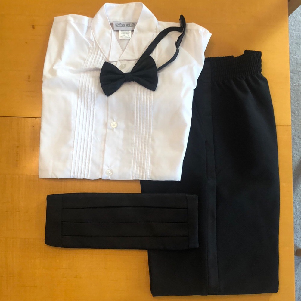 Kid’s dress shirt, pants, cummerbund, bow tie set